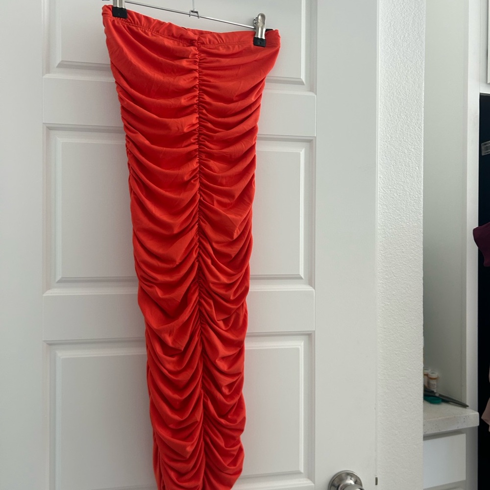 Fashion Nova Red Ruched Maxi Skirt for Cocktail
